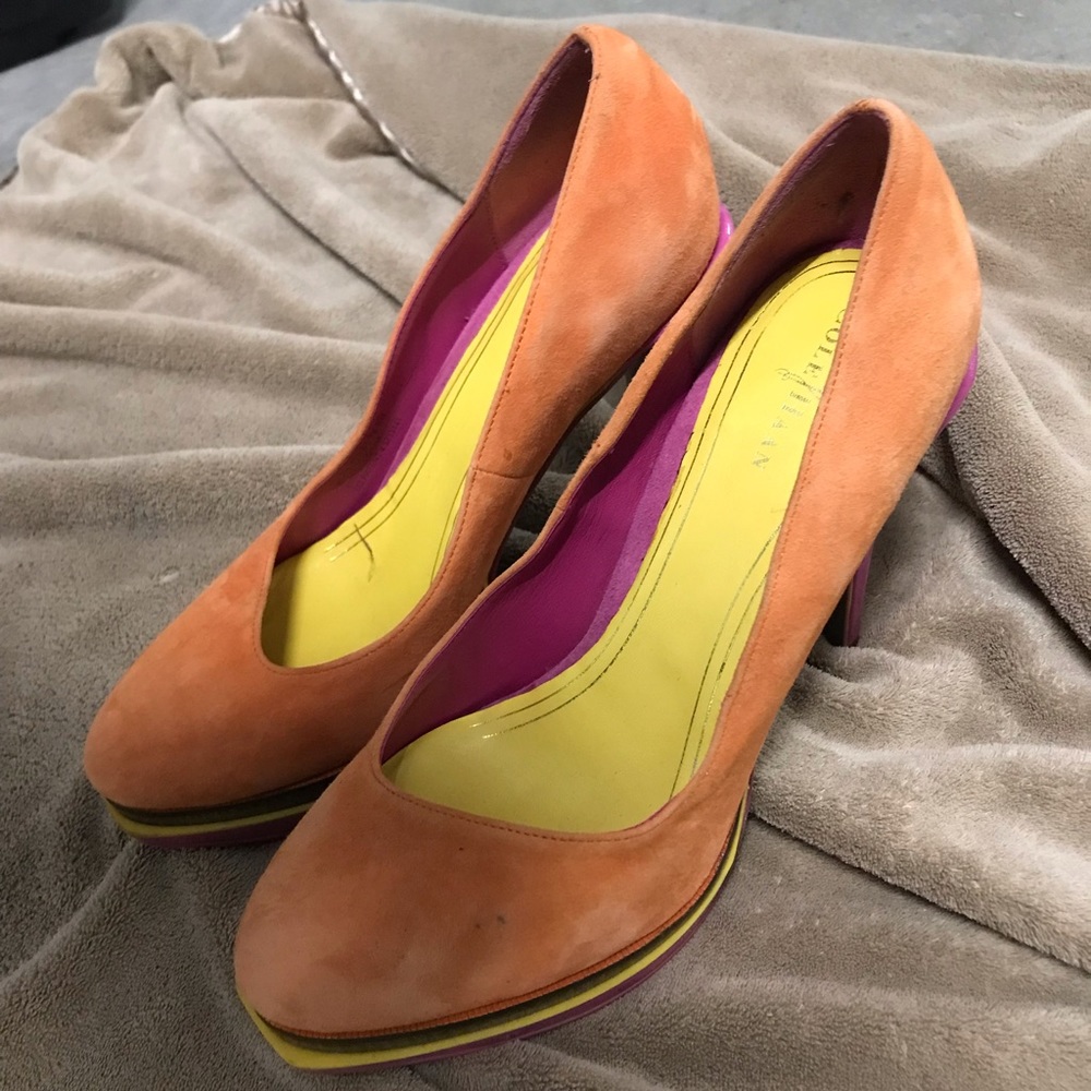 Cole Haan Chelsea Double Platform Pump Leather Womens Heel Orange Suede SZ. 8